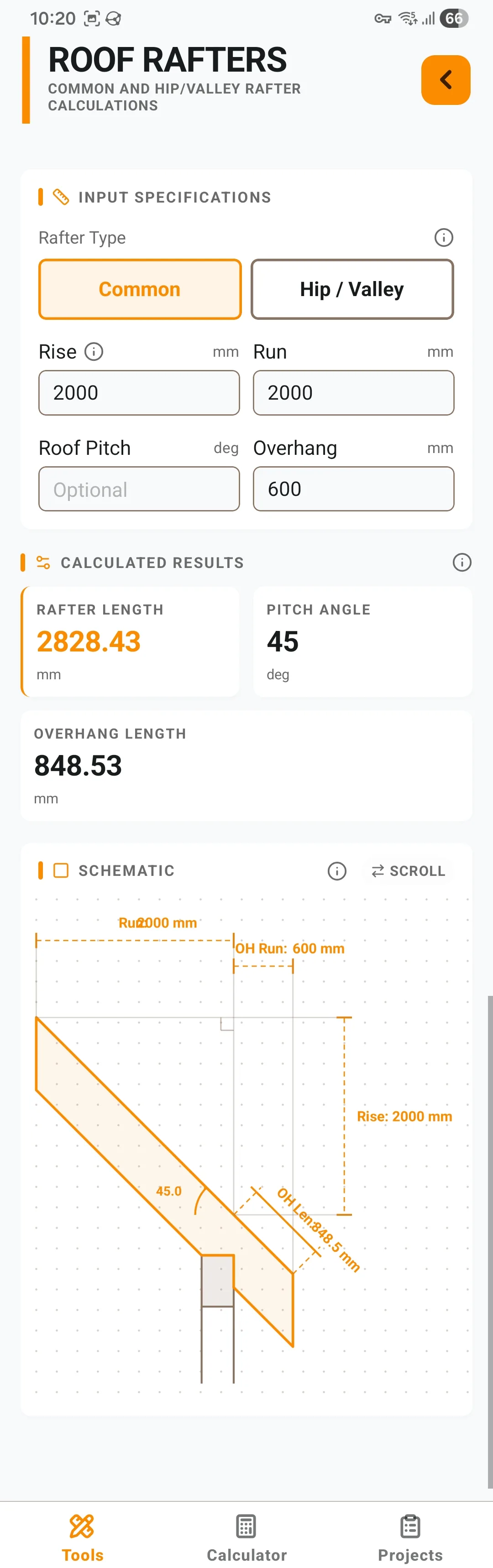 Rafter calculator demo with rafter length and pitch diagram