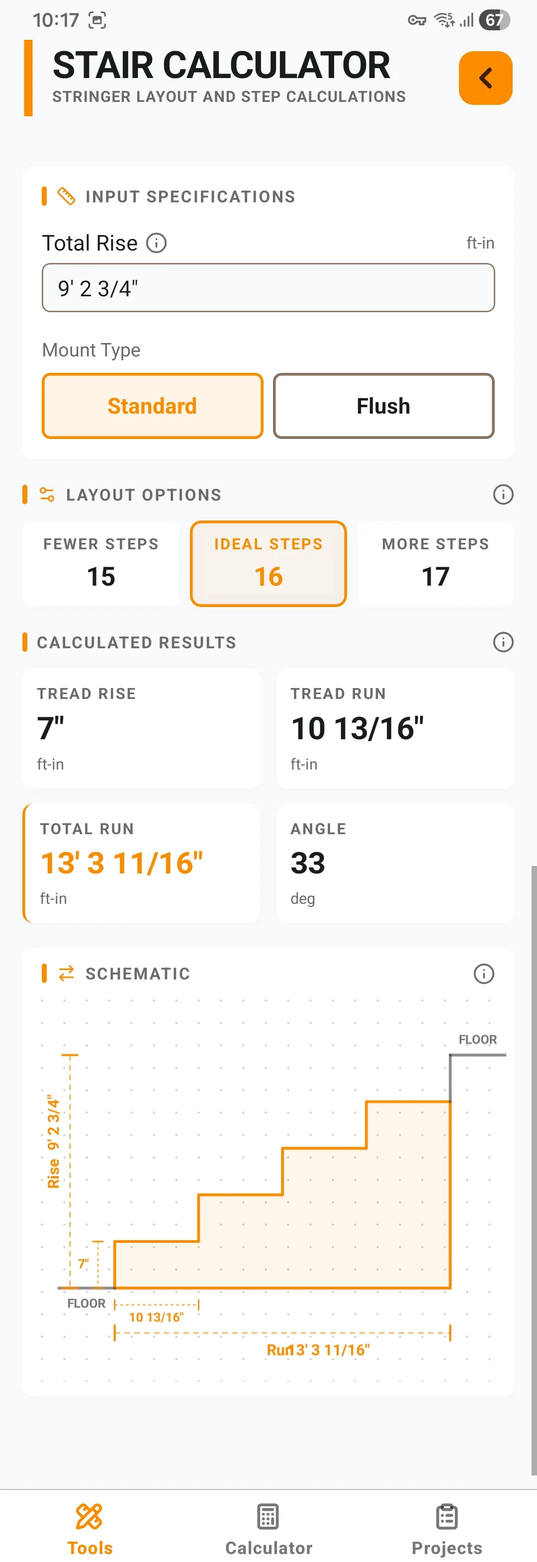 Stair calculator demo with rise, run and angle results